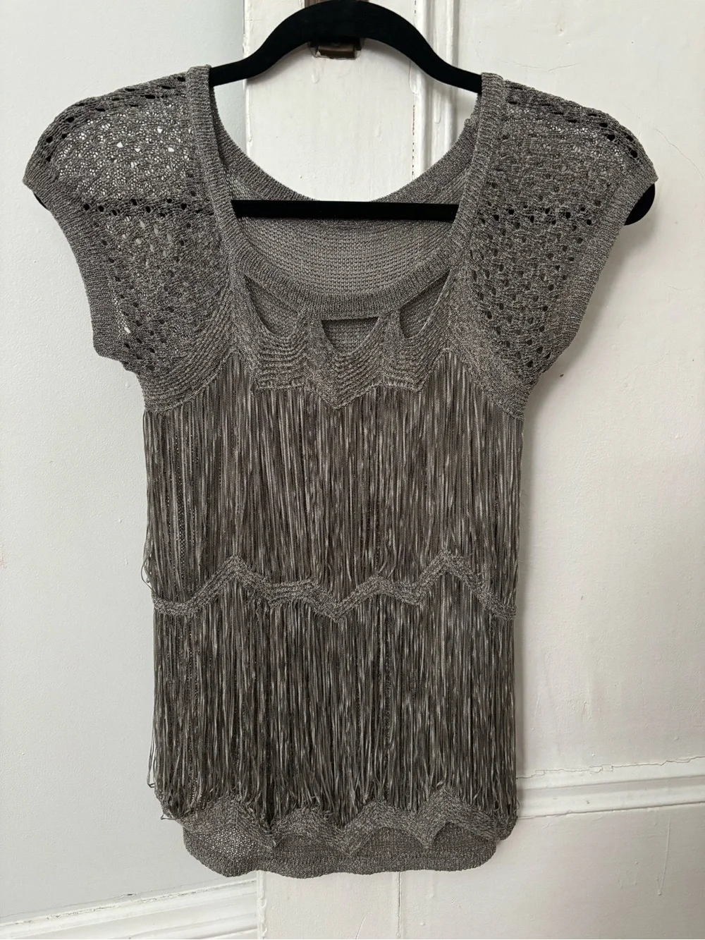 Unique Knitted Fringe Cap Sleeve Gray Top